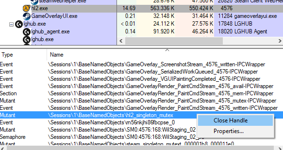 Process Explorer showing the handles of hl2.exe, with Close Handle on the hl2_singleton_mutex mutant