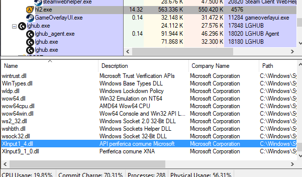 Process Explorer listing the DLLs loaded by a game process, with the XInput library highlighted