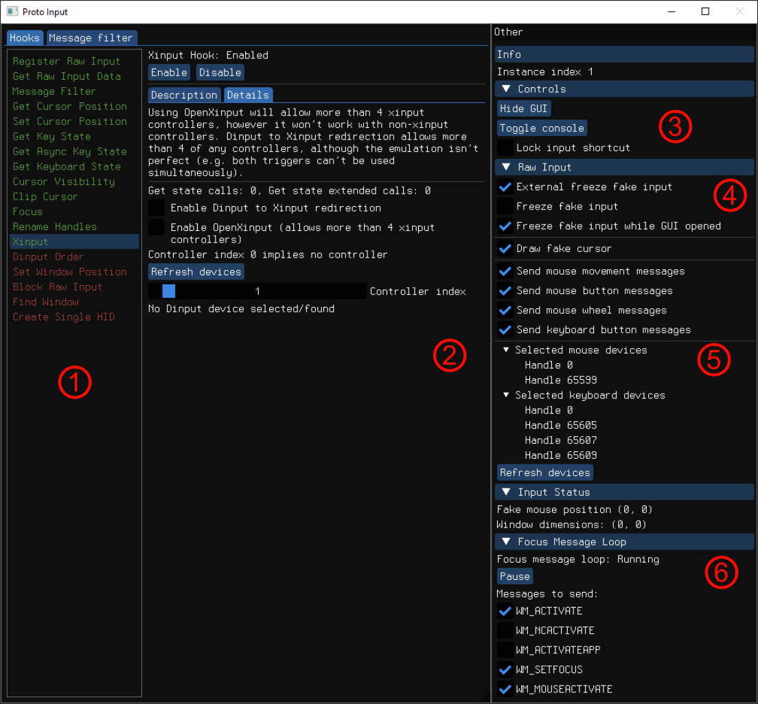The Proto Input GUI with hooks, message filters and input settings for one instance