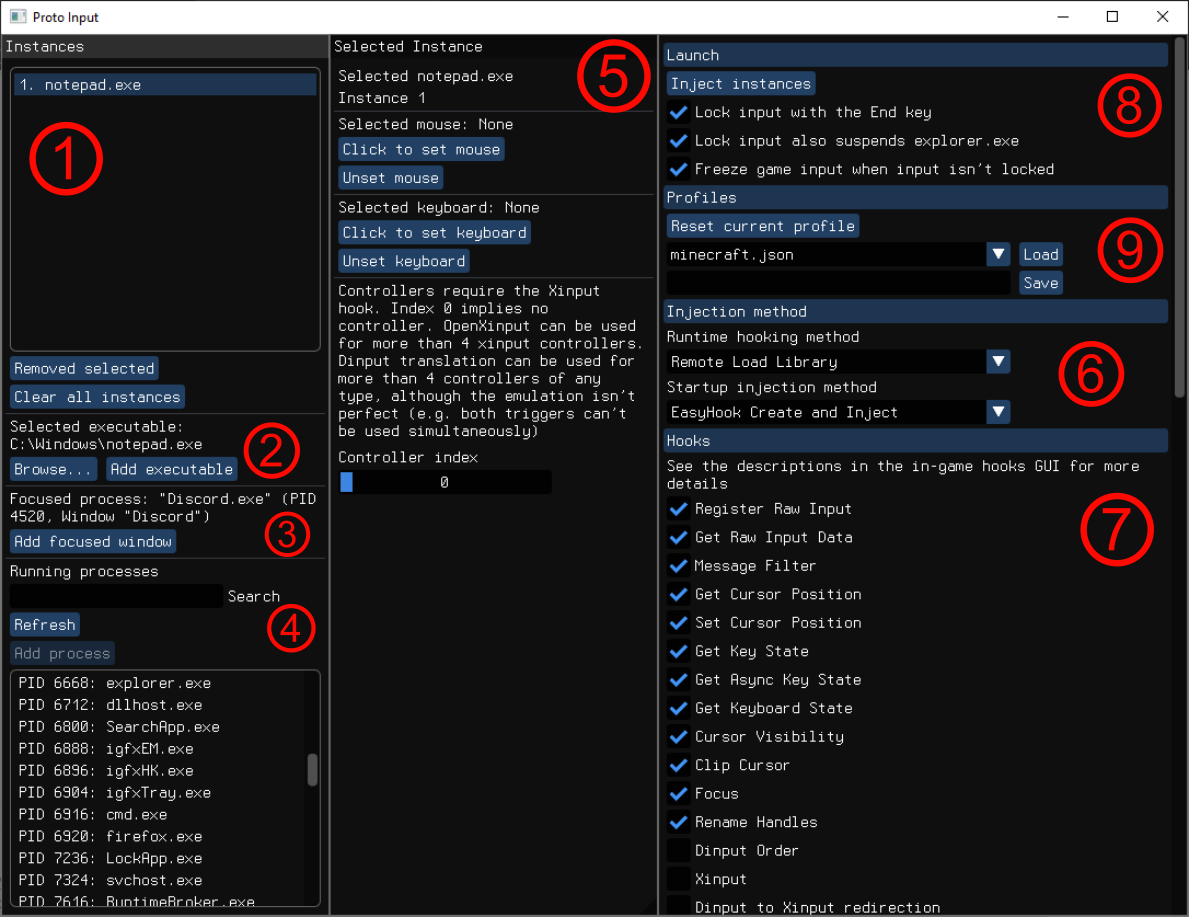 The Proto Input Host window: process selection, injection methods and the list of hooks
