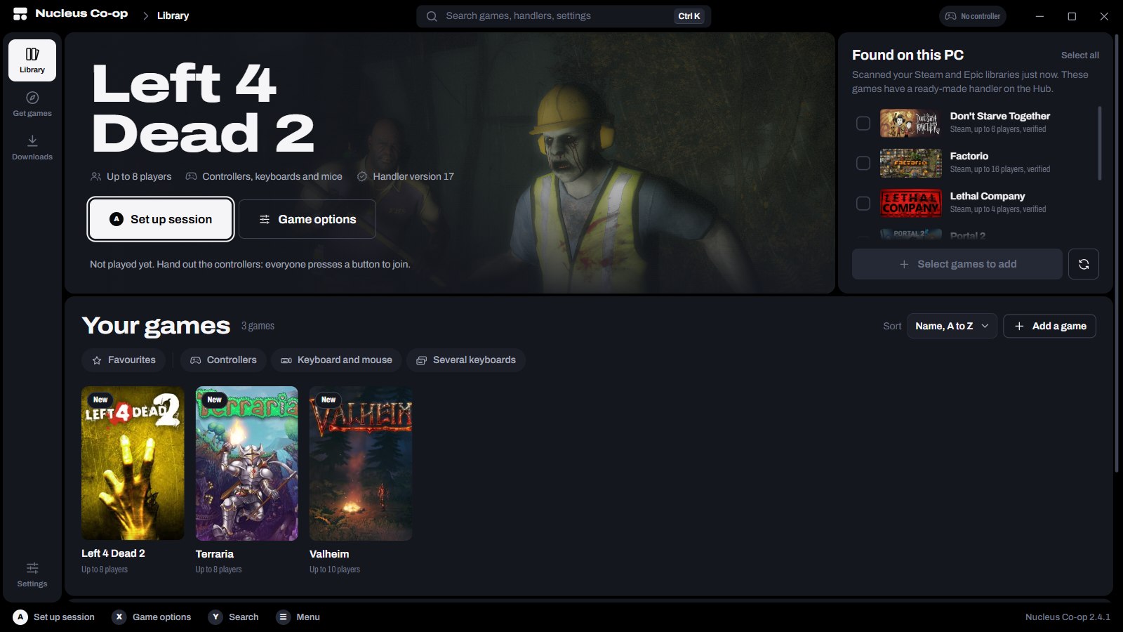 The Nucleus Co-op library: the featured game with Set up session and Game options, Found on this PC on the right, and Your games below