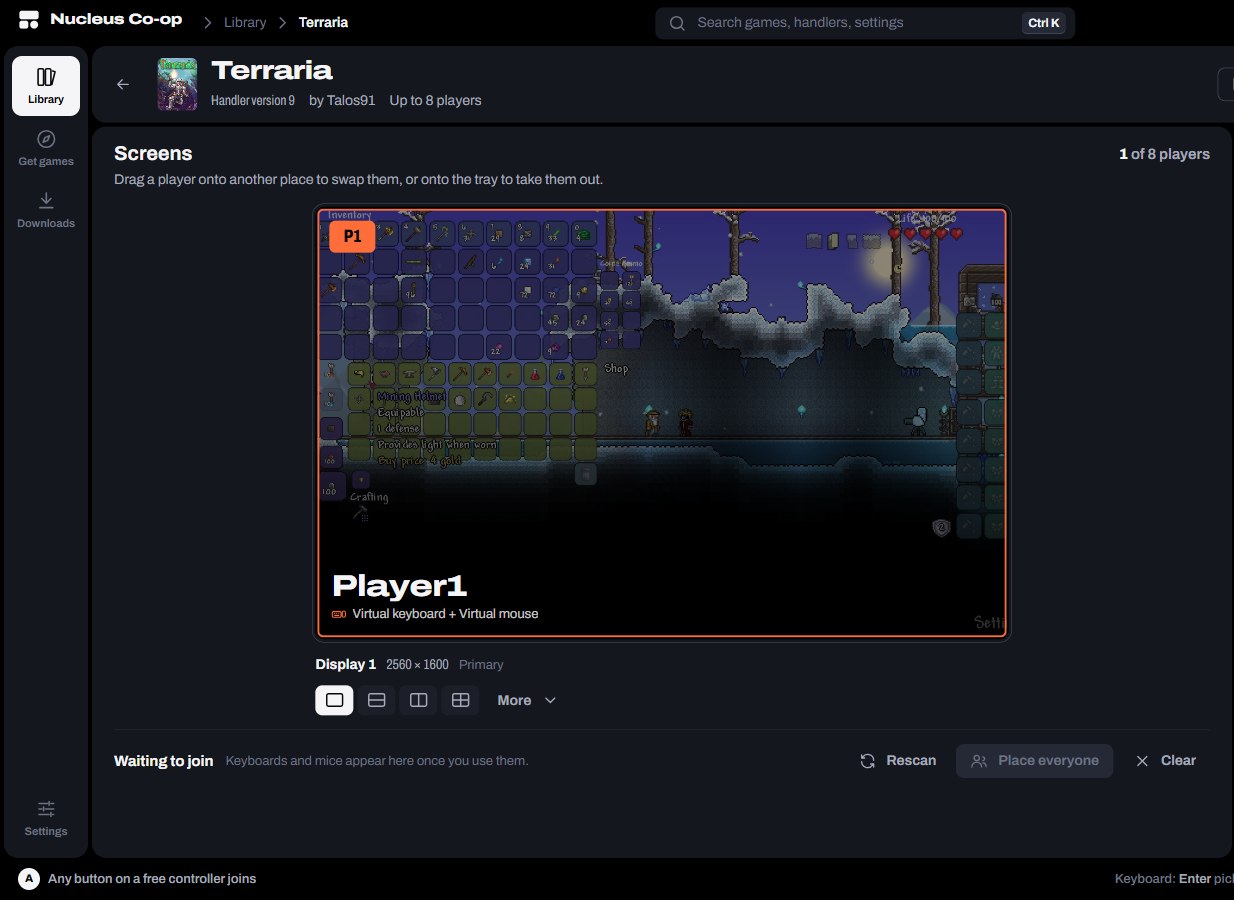 The lobby: one screen with player 1 placed on it, the layout buttons under the screen, and the Waiting to join tray